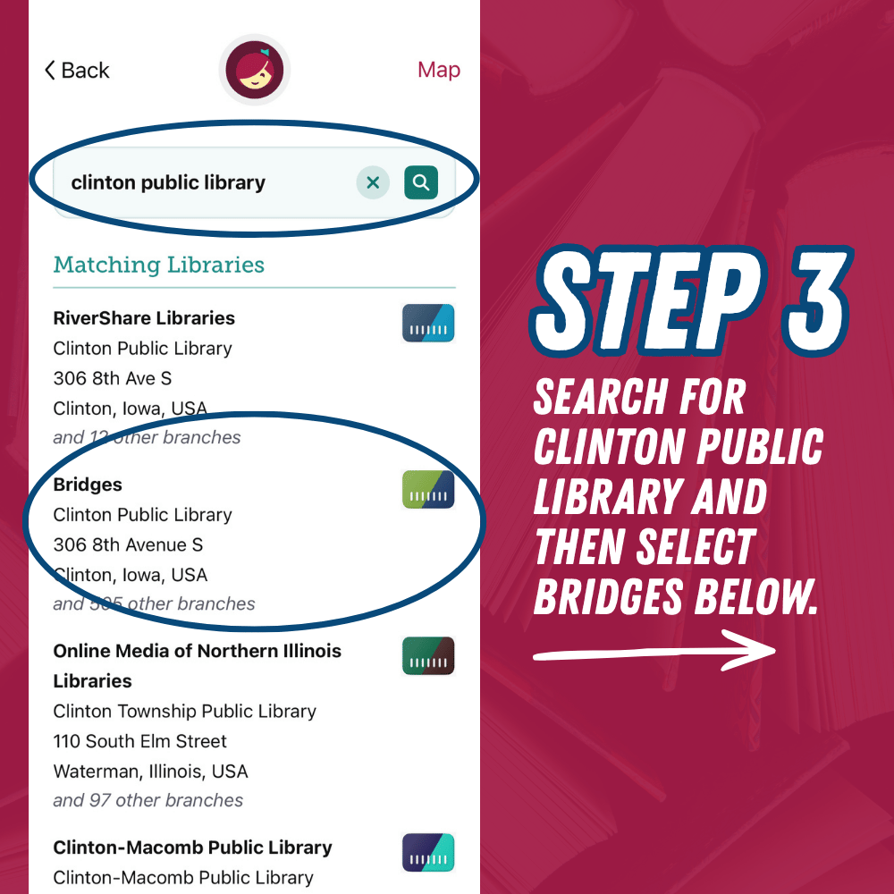 Step 3: Search for "Clinton Public Library" and select "Bridges" from the results below.