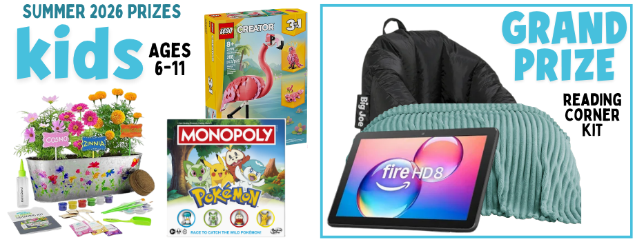 Summer Reading prizes for "Kids" age group, for ages 6 to 11. Please contact us for specific prize information.